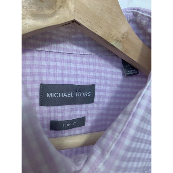 Michael Kors Purple White Men’s Sz L Cotton Mirco-Check‎ Plaid Dress Shirt - Picture 2 of 6